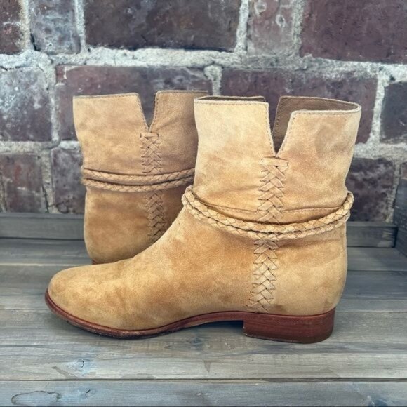 Frye Tina Camel Suede Whipstitch Tassel Ankle Boots Sz 6 - Picture 6 of 10